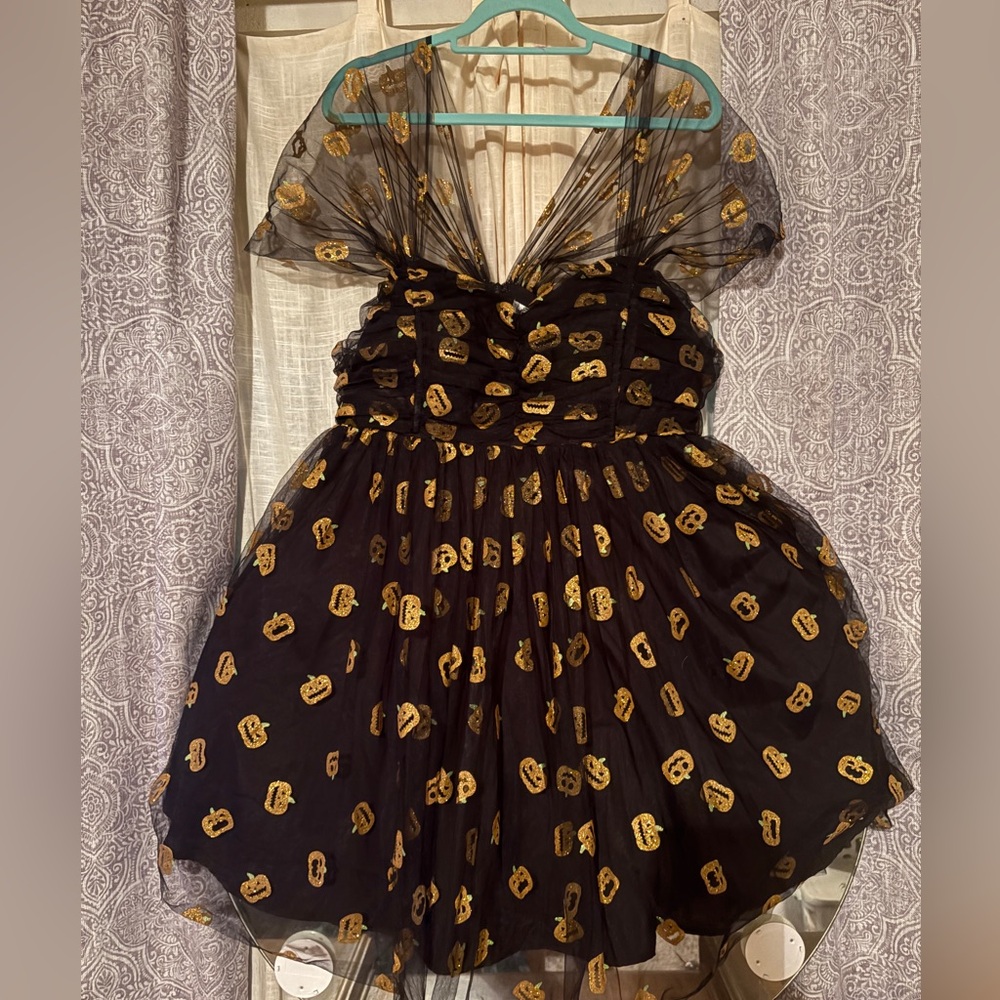 Unique Vintage Black & Pumpkin Print Babydoll Dress 2X
